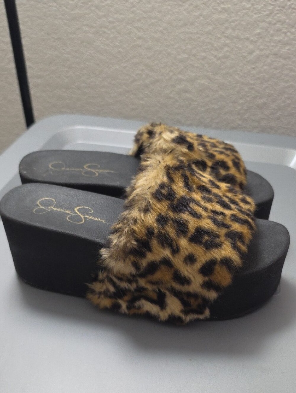 Jessica Simpson | Leopard Faux Fur Platform Wedge Slide Sandals Y2K Mobwife -8
